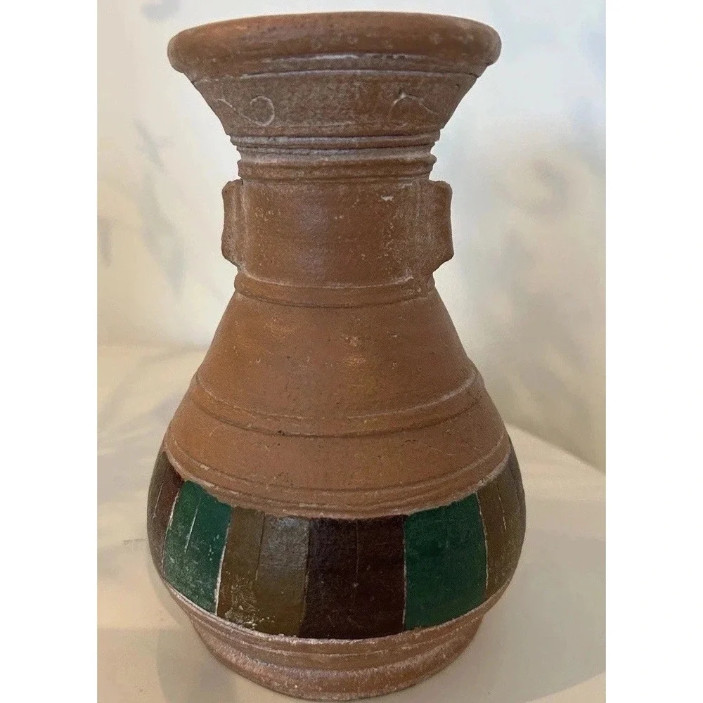 Vintage Ceramic Pottery Art Handmade Vase Colorful Teal Green, Purple, Brown